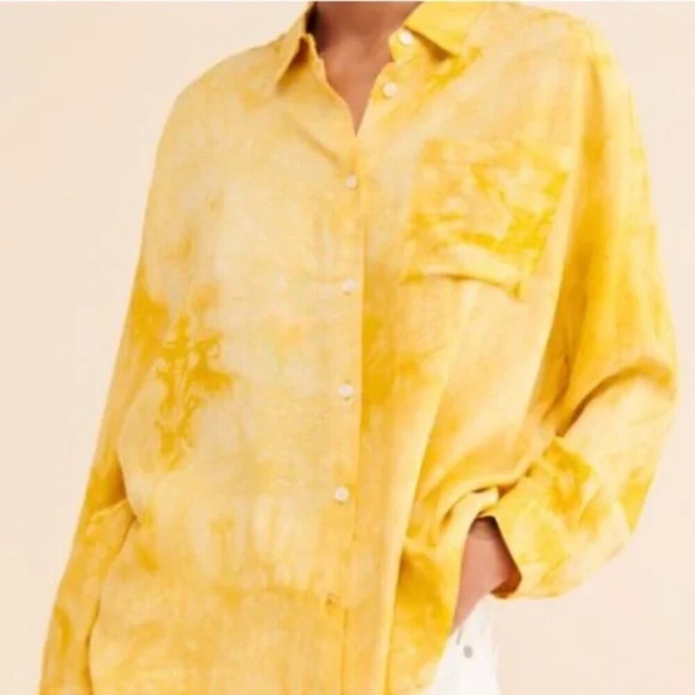 NWT |‎ Caara Stella Yellow White Tie Dye Marble Button Up Oversized Blouse XXS